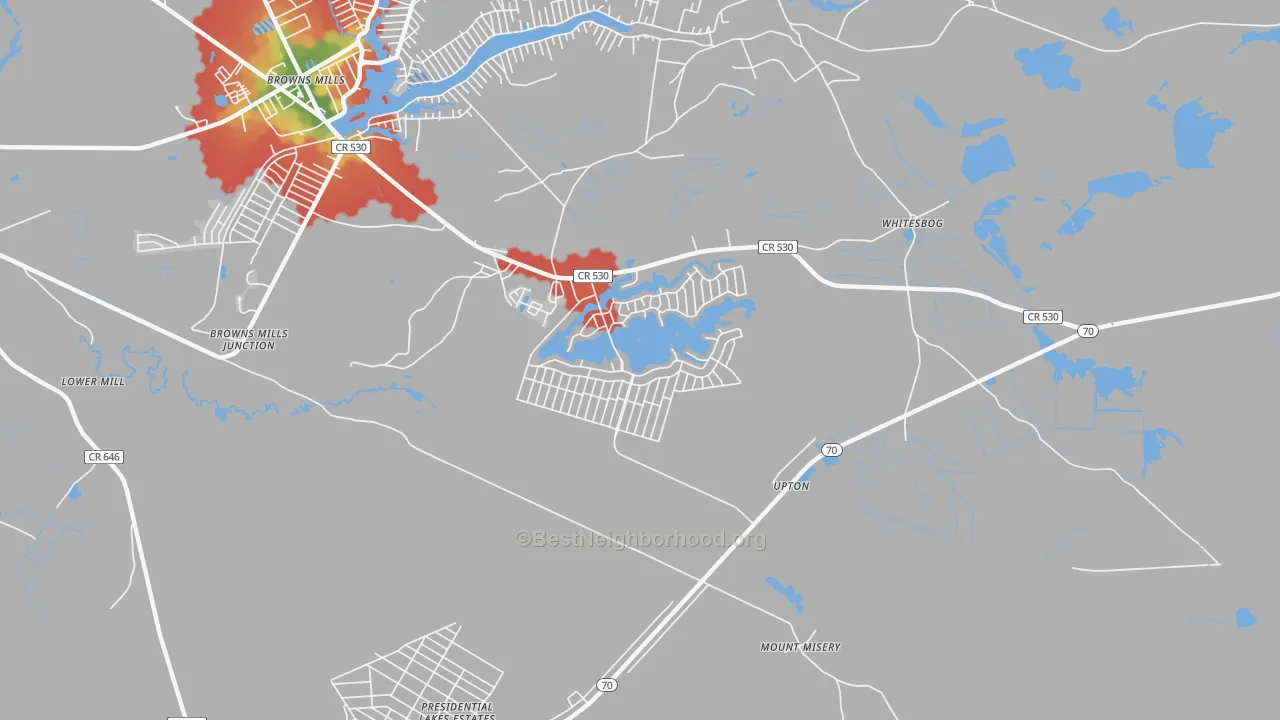 Walk Grade map of Country Lake Estates, NJ, walkable areas in green and car-dependent areas in red