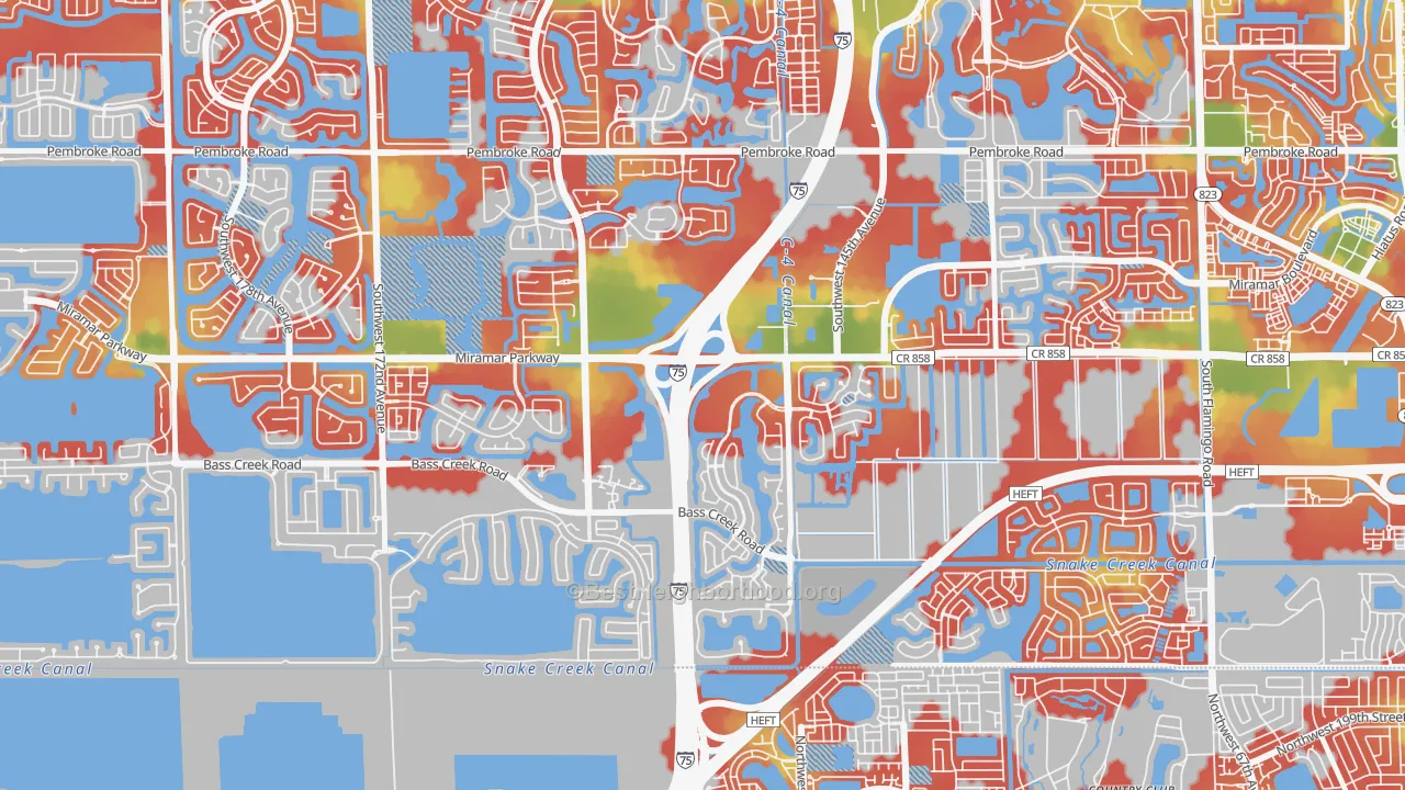Walk Grade map of Country Lakes, Miramar, FL, walkable areas in green and car-dependent areas in red
