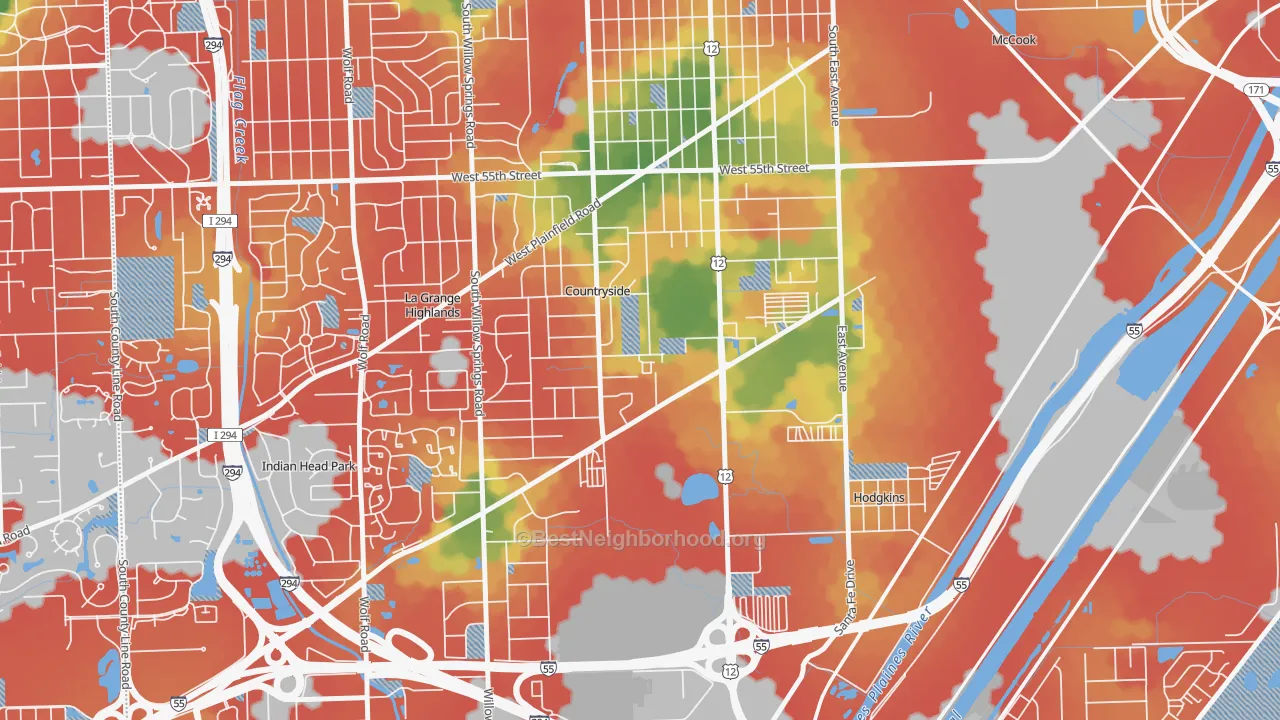 Walk Grade map of Countryside, IL, walkable areas in green and car-dependent areas in red
