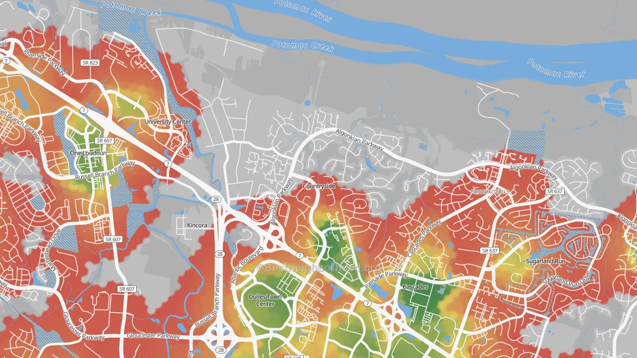 Walk Grade map of Countryside, VA, walkable areas in green and car-dependent areas in red