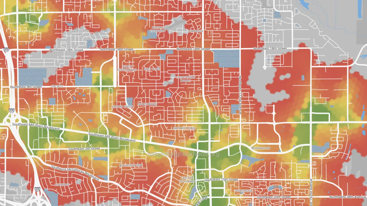 Walk Grade map of Countryside Woods, Vancouver, WA, walkable areas in green and car-dependent areas in red