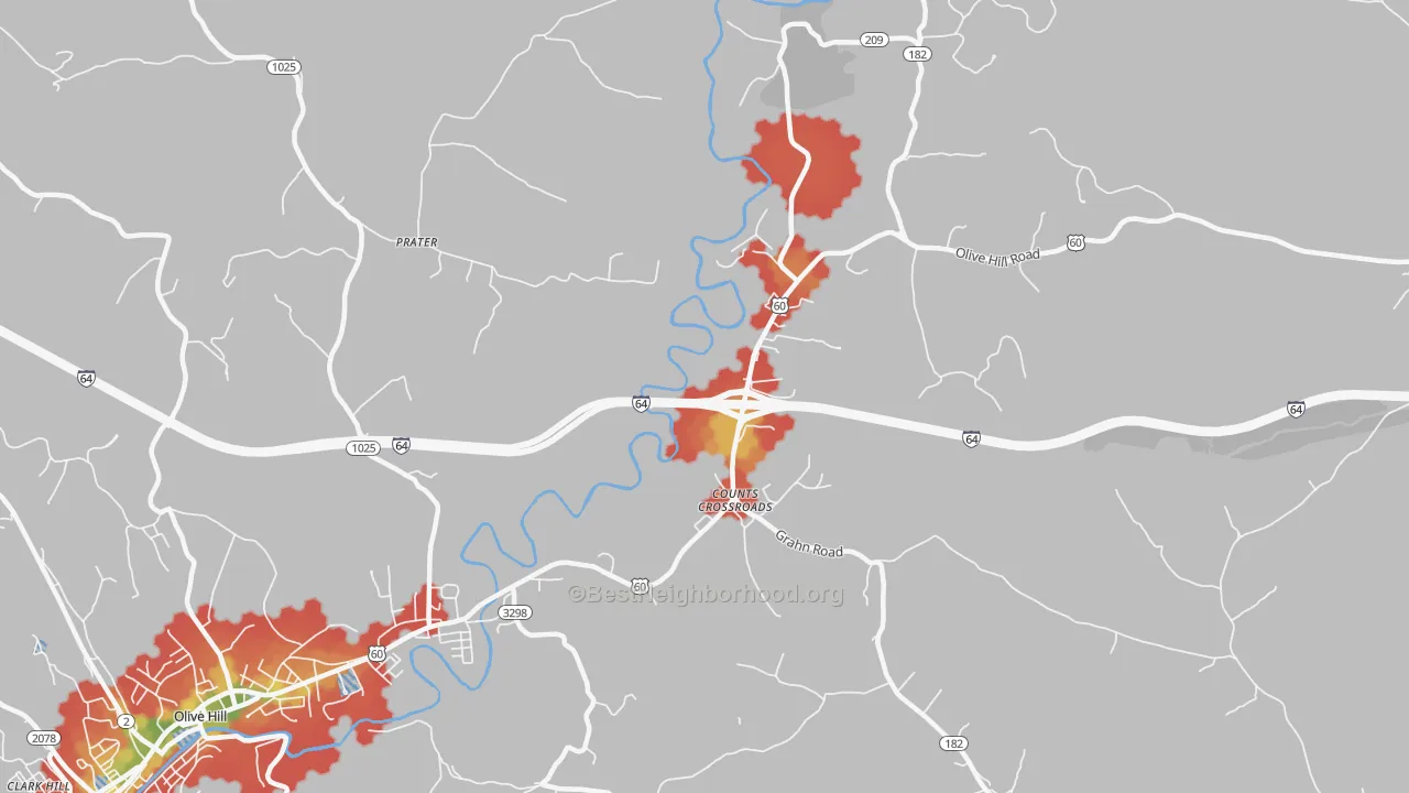 Walk Grade map of Counts Crossroads, KY, walkable areas in green and car-dependent areas in red