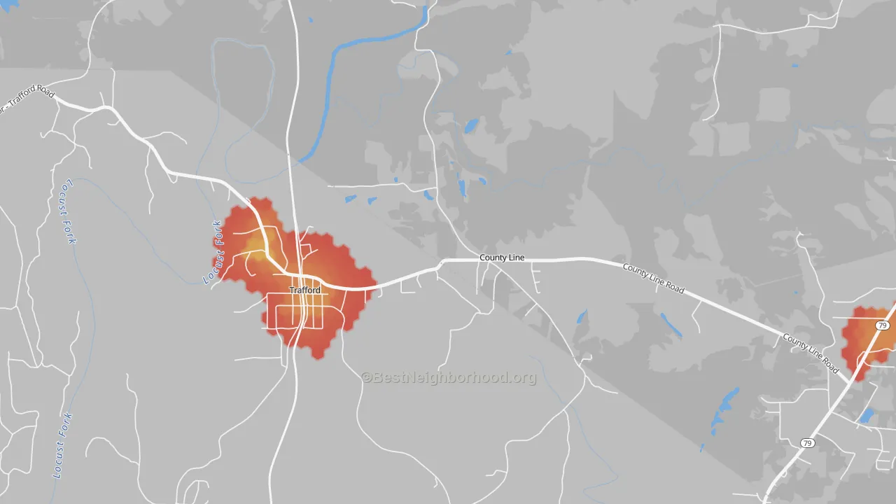 Walk Grade map of County Line, AL, walkable areas in green and car-dependent areas in red