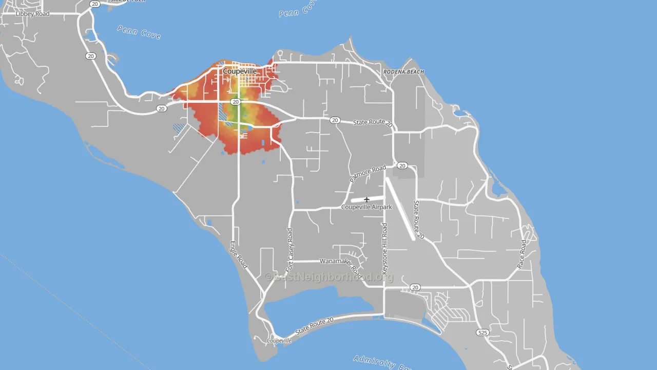 Walk Grade map of Coupeville, WA, walkable areas in green and car-dependent areas in red