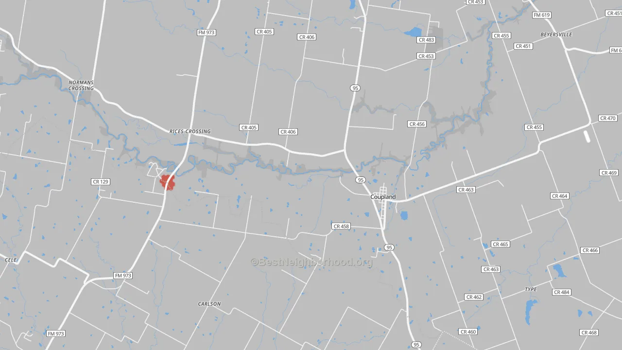 Walk Grade map of Coupland, TX, walkable areas in green and car-dependent areas in red