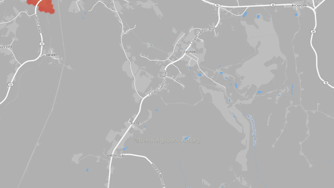 Walk Grade map of Coupon, PA, walkable areas in green and car-dependent areas in red
