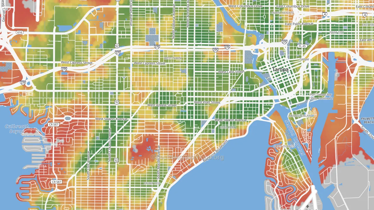 Walk Grade map of Courier City, Tampa, FL, walkable areas in green and car-dependent areas in red