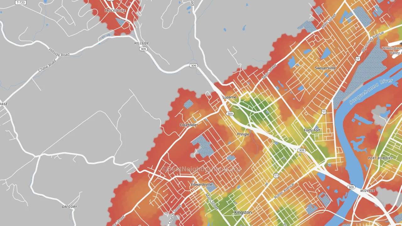 Walk Grade map of Courtdale, PA, walkable areas in green and car-dependent areas in red
