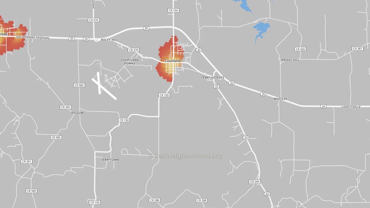 Walk Grade map of Courtland, AL, walkable areas in green and car-dependent areas in red