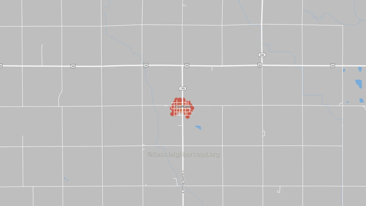 Walk Grade map of Courtland, KS, walkable areas in green and car-dependent areas in red
