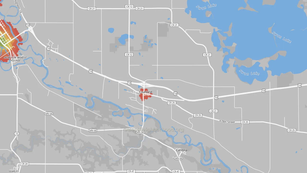 Walk Grade map of Courtland, MN, walkable areas in green and car-dependent areas in red