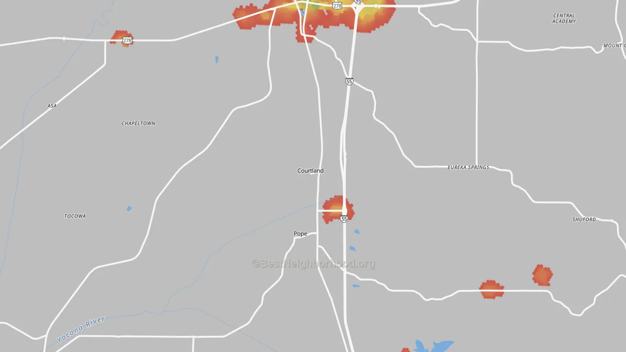 Walk Grade map of Courtland, MS, walkable areas in green and car-dependent areas in red