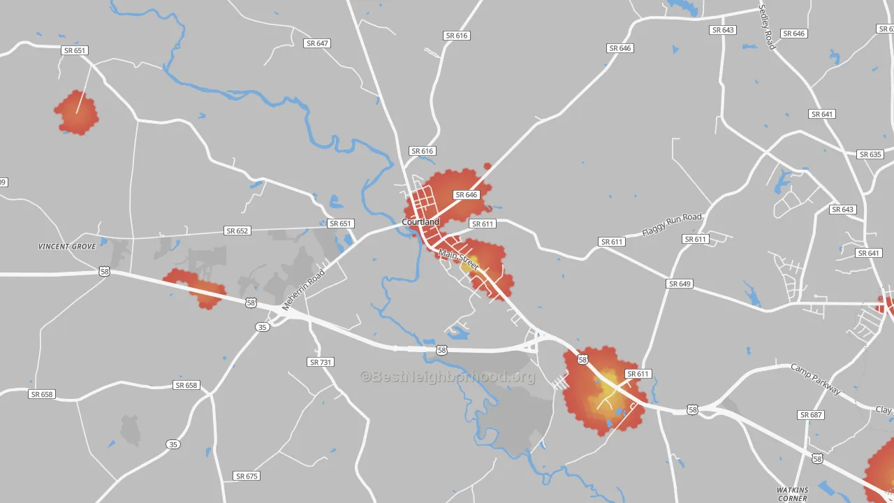 Walk Grade map of Courtland, VA, walkable areas in green and car-dependent areas in red