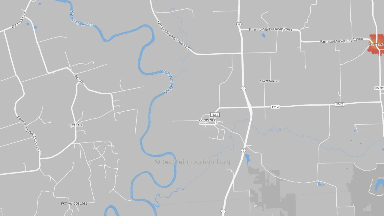 Walk Grade map of Courtney, TX, walkable areas in green and car-dependent areas in red