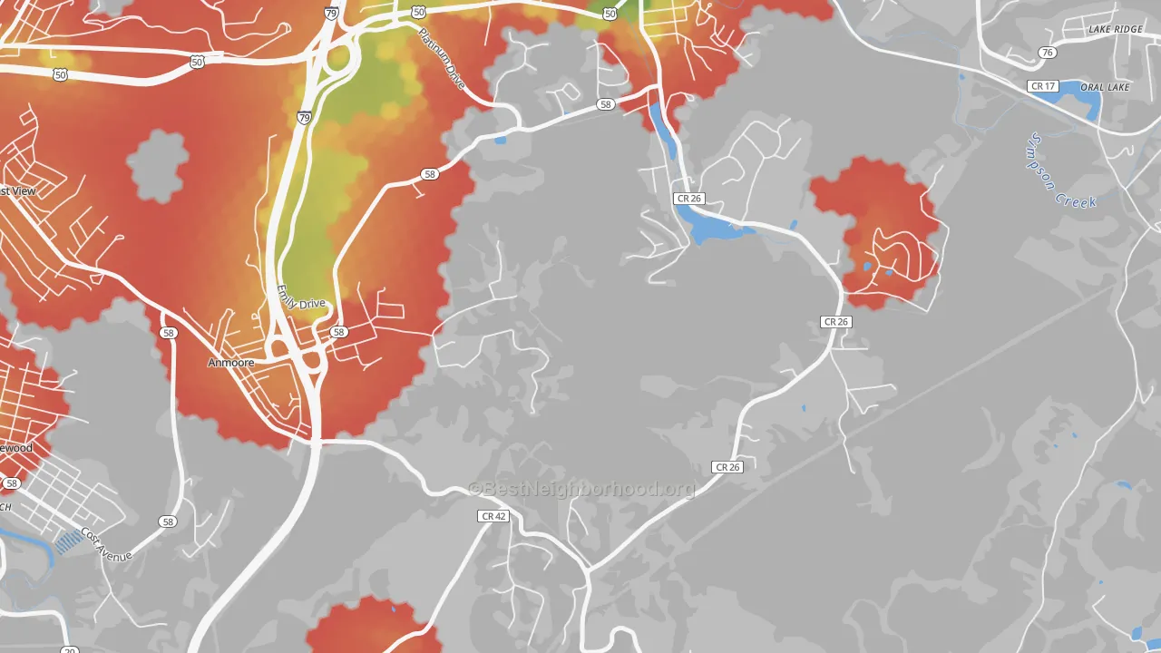 Walk Grade map of Courtright, WV, walkable areas in green and car-dependent areas in red