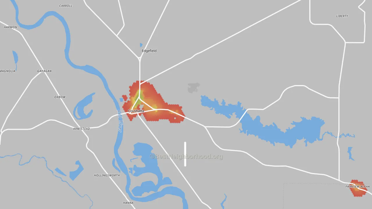 Walk Grade map of Coushatta, LA, walkable areas in green and car-dependent areas in red