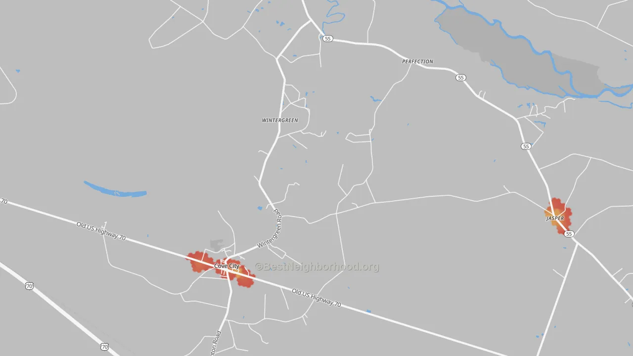 Walk Grade map of Cove City, NC, walkable areas in green and car-dependent areas in red