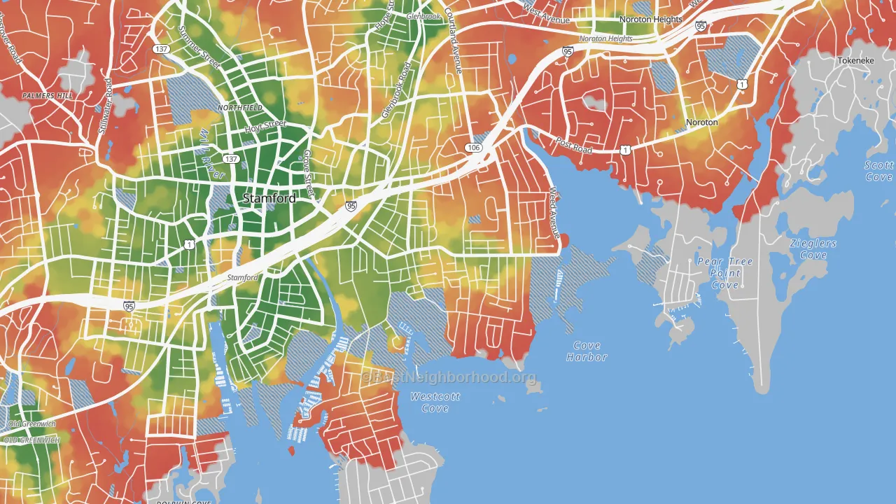 Walk Grade map of Cove-East Side, Stamford, CT, walkable areas in green and car-dependent areas in red