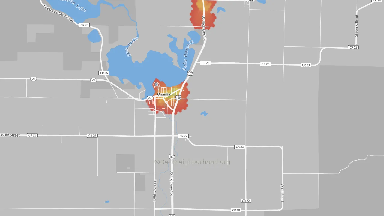 Walk Grade map of Cove, MN, walkable areas in green and car-dependent areas in red