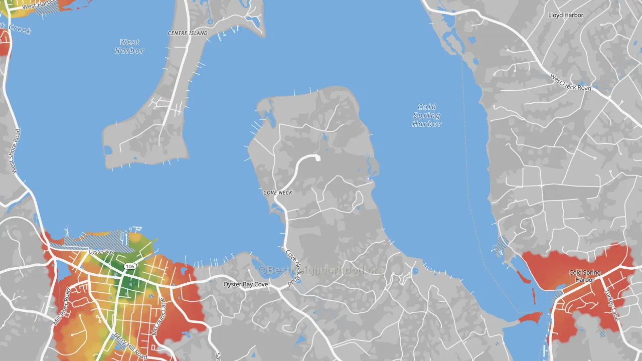 Walk Grade map of Cove Neck, NY, walkable areas in green and car-dependent areas in red