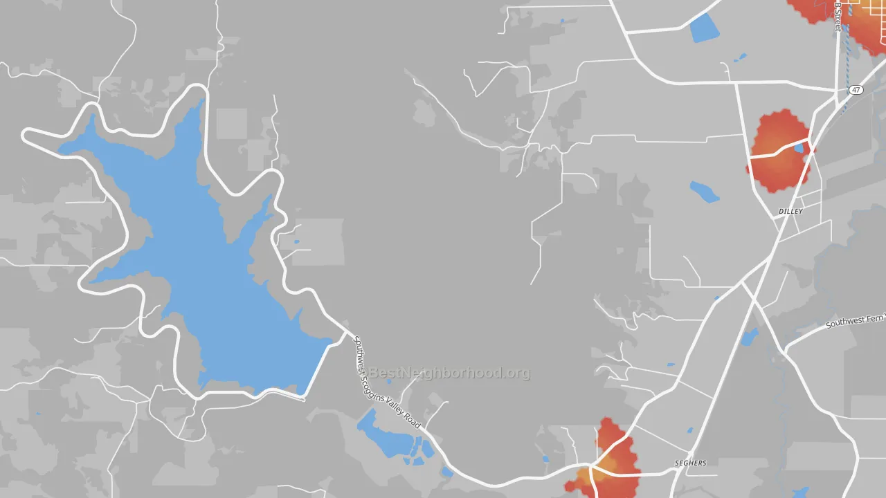 Walk Grade map of Cove Orchard, OR, walkable areas in green and car-dependent areas in red