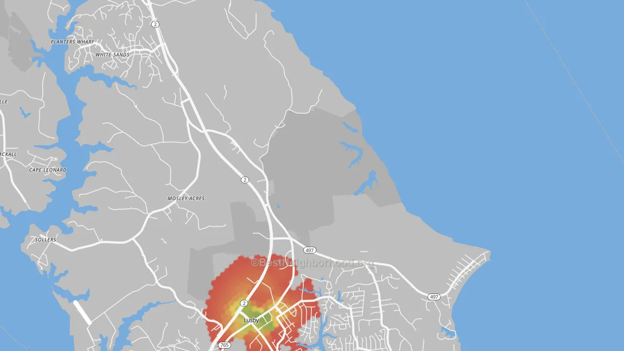 Walk Grade map of Cove Point, MD, walkable areas in green and car-dependent areas in red