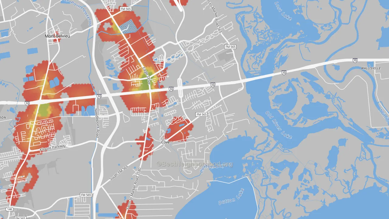Walk Grade map of Cove, TX, walkable areas in green and car-dependent areas in red