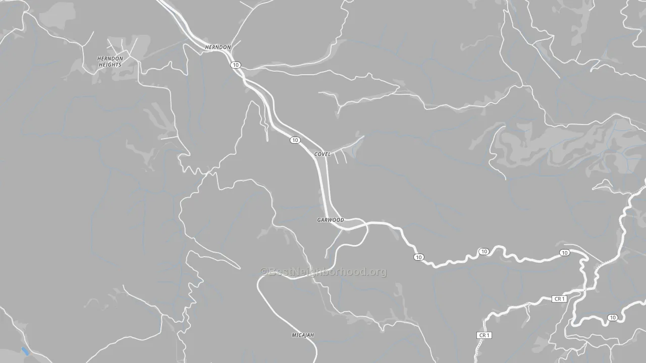 Walk Grade map of Covel, WV, walkable areas in green and car-dependent areas in red