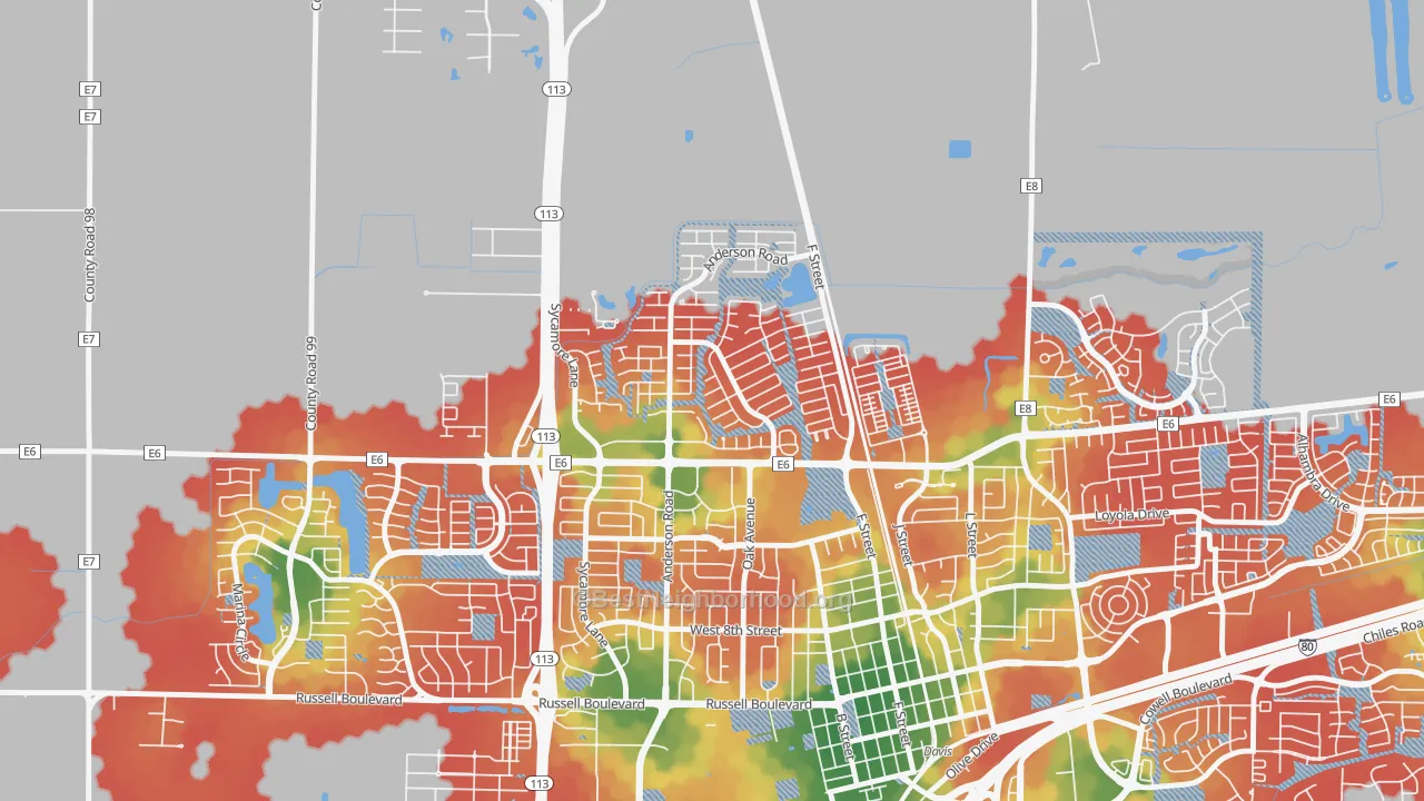 Walk Grade map of Covell Park, Davis, CA, walkable areas in green and car-dependent areas in red