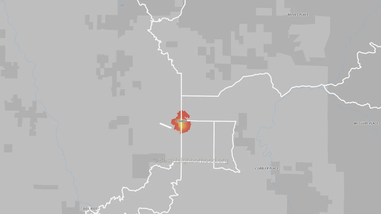 Walk Grade map of Covelo, CA, walkable areas in green and car-dependent areas in red