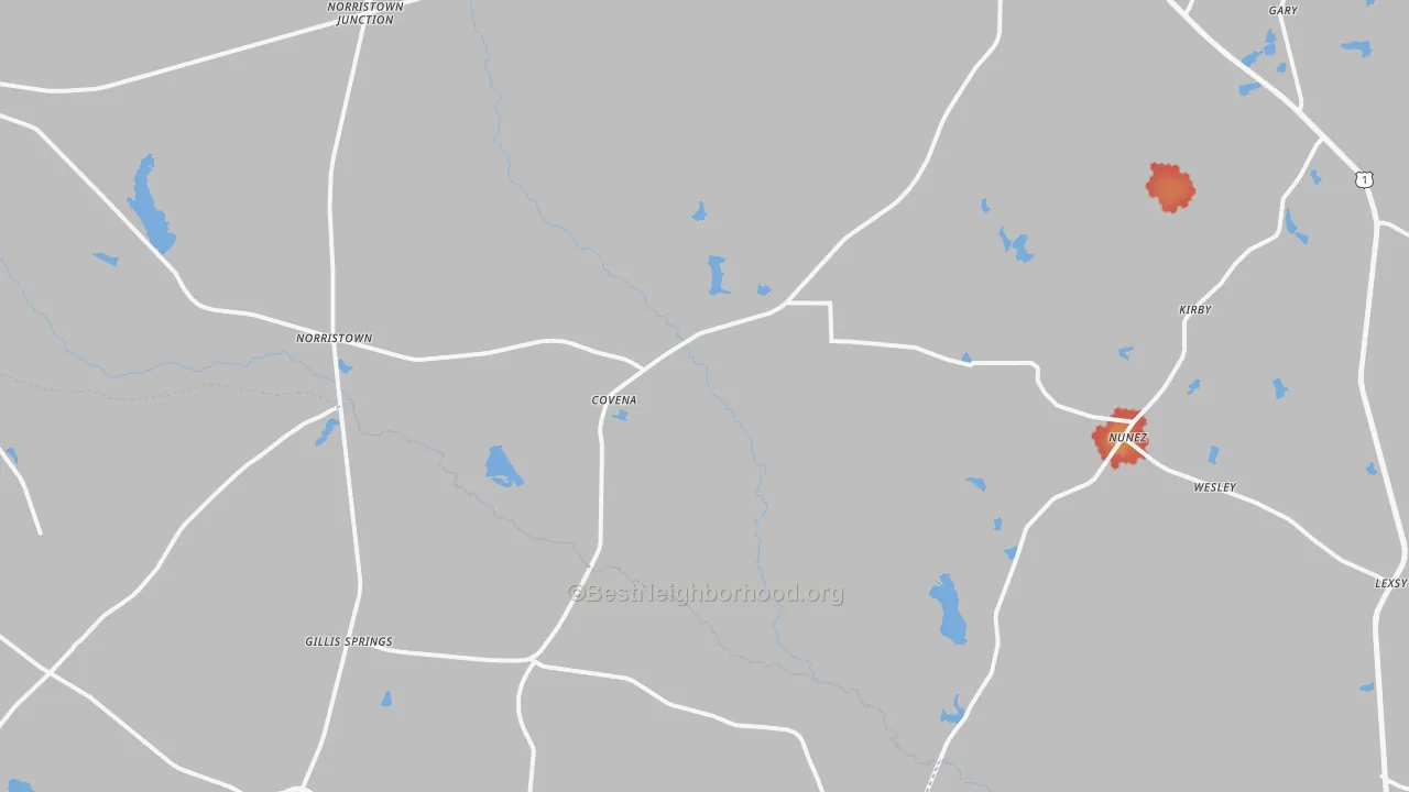 Walk Grade map of Covena, GA, walkable areas in green and car-dependent areas in red