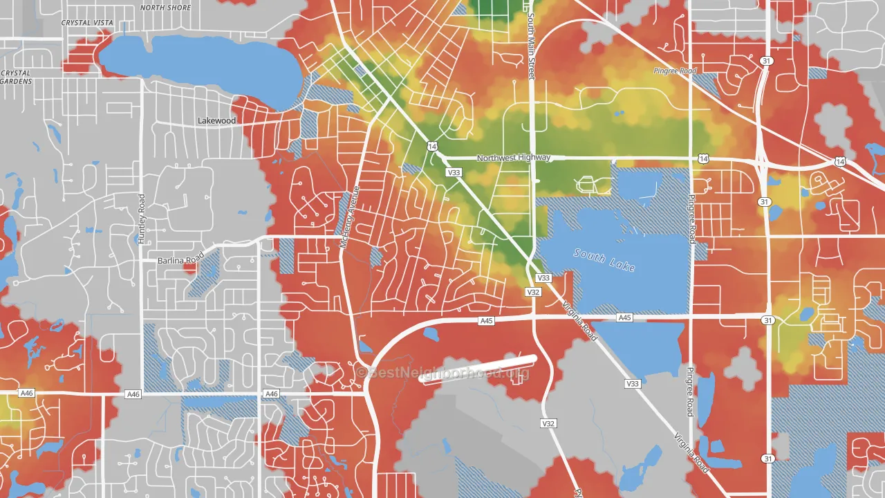Walk Grade map of Coventry, Crystal Lake, IL, walkable areas in green and car-dependent areas in red
