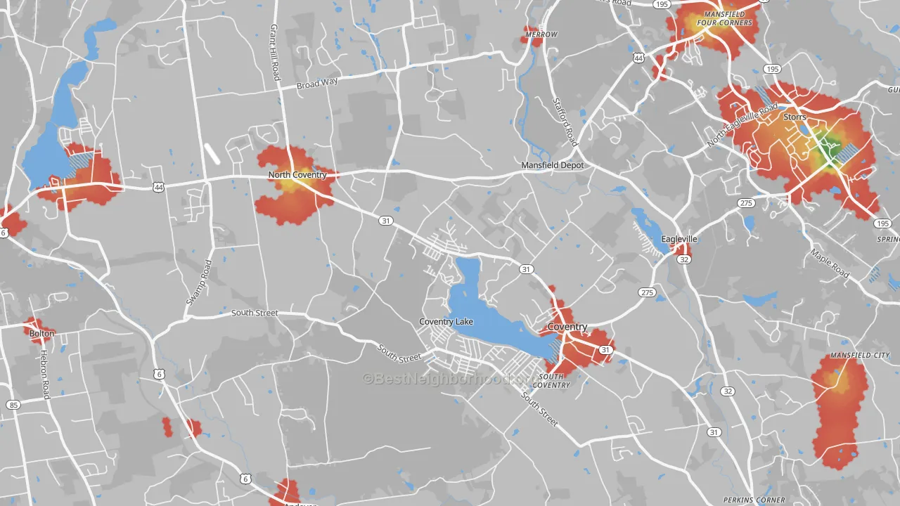 Walk Grade map of Coventry, CT, walkable areas in green and car-dependent areas in red