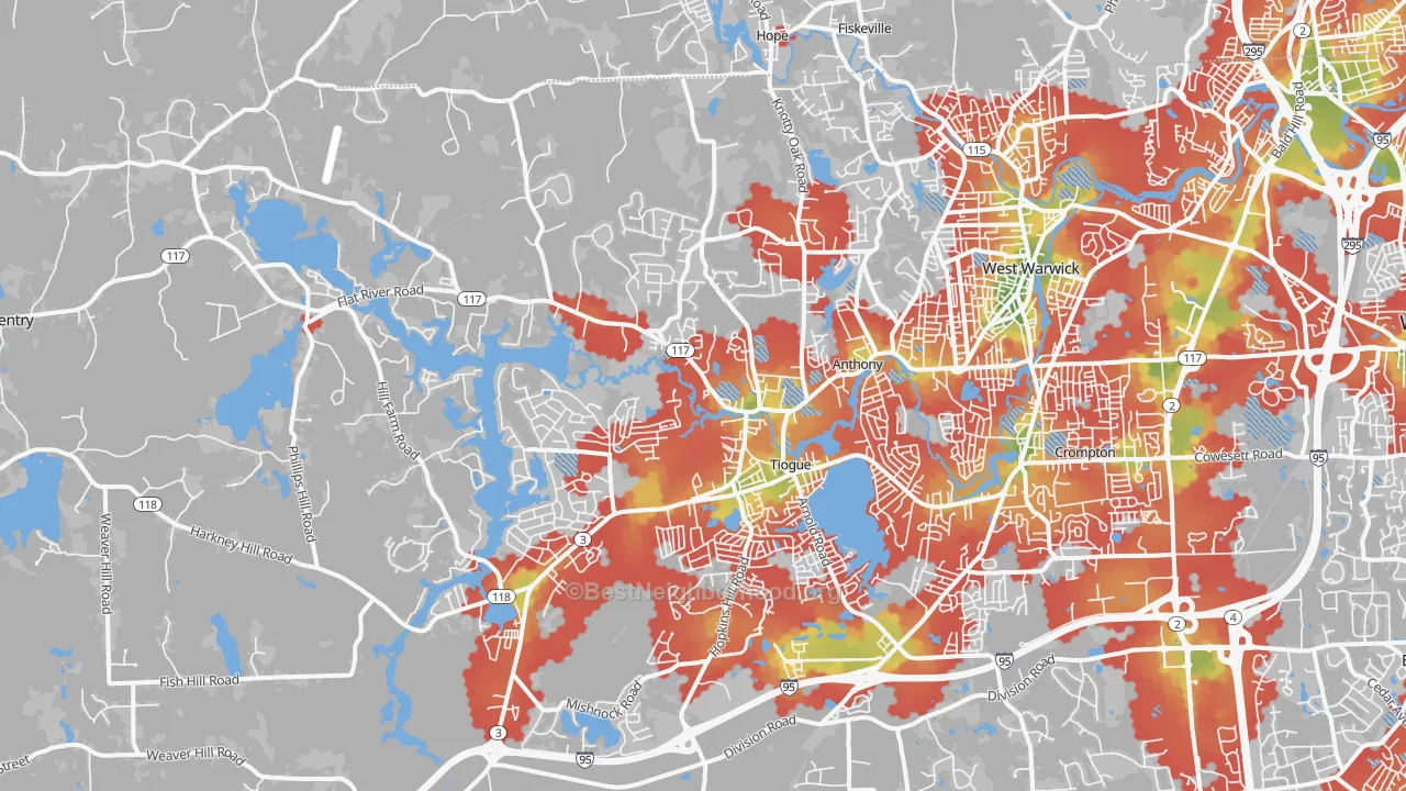Walk Grade map of Coventry, RI, walkable areas in green and car-dependent areas in red