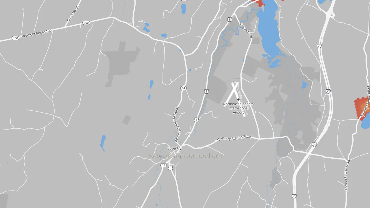 Walk Grade map of Coventry, VT, walkable areas in green and car-dependent areas in red