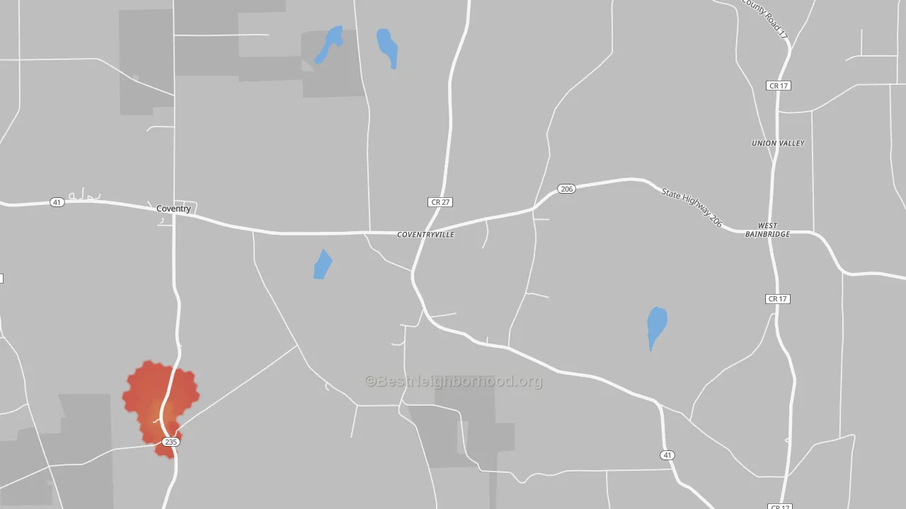 Walk Grade map of Coventryville, NY, walkable areas in green and car-dependent areas in red