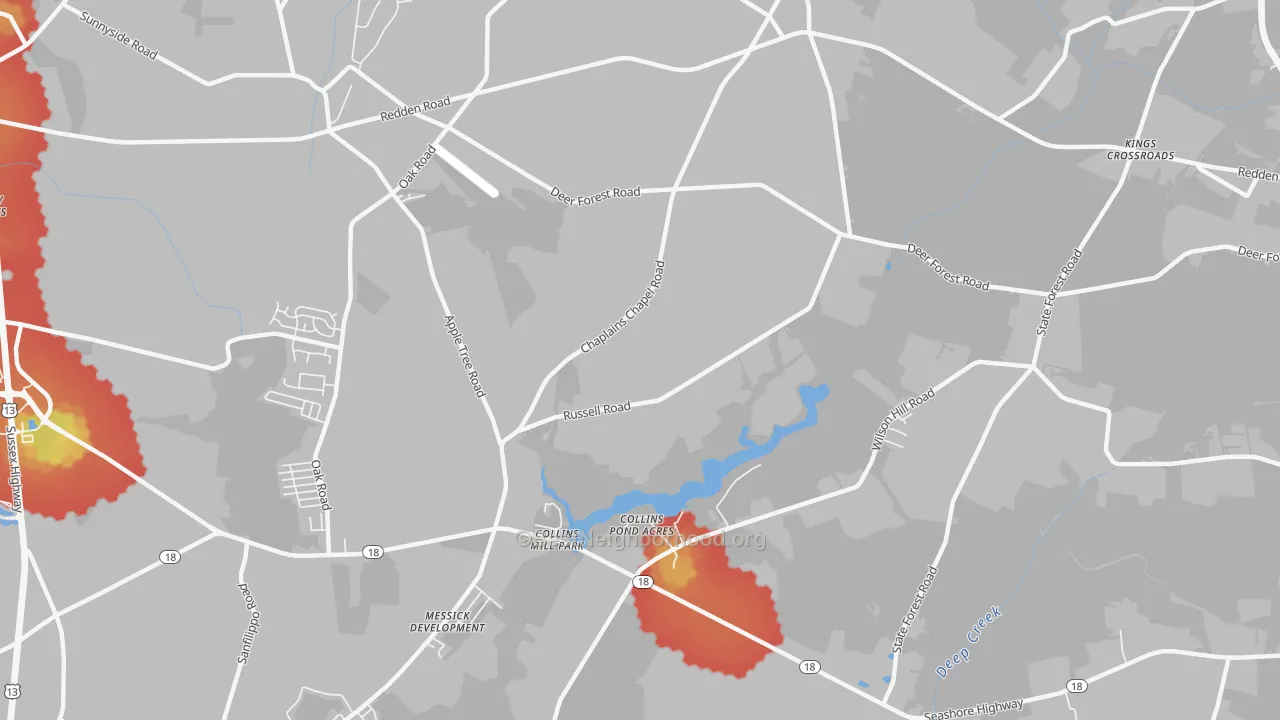 Walk Grade map of Coverdale Crossroads, DE, walkable areas in green and car-dependent areas in red