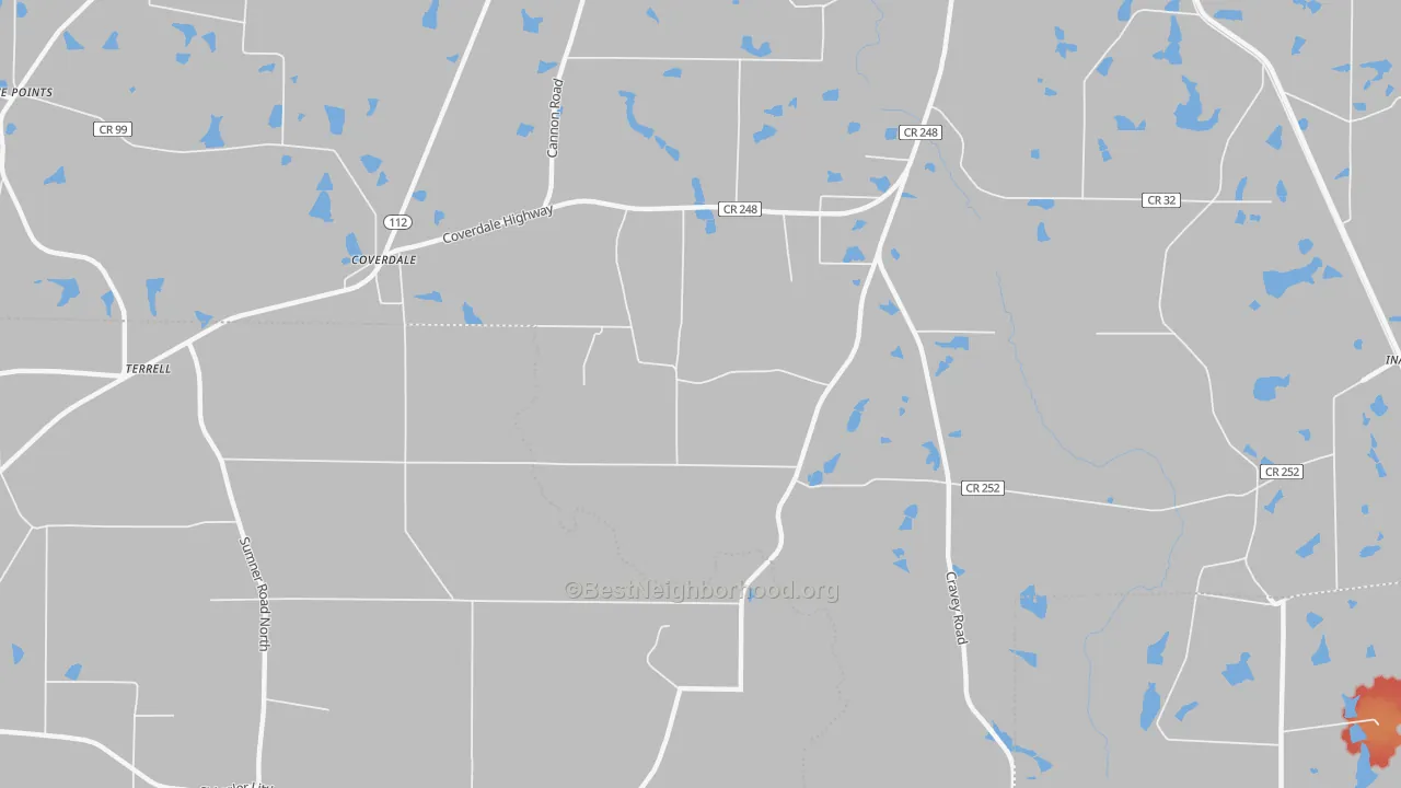 Walk Grade map of Coverdale, GA, walkable areas in green and car-dependent areas in red