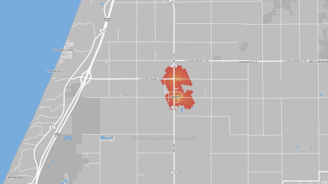 Walk Grade map of Covert, MI, walkable areas in green and car-dependent areas in red