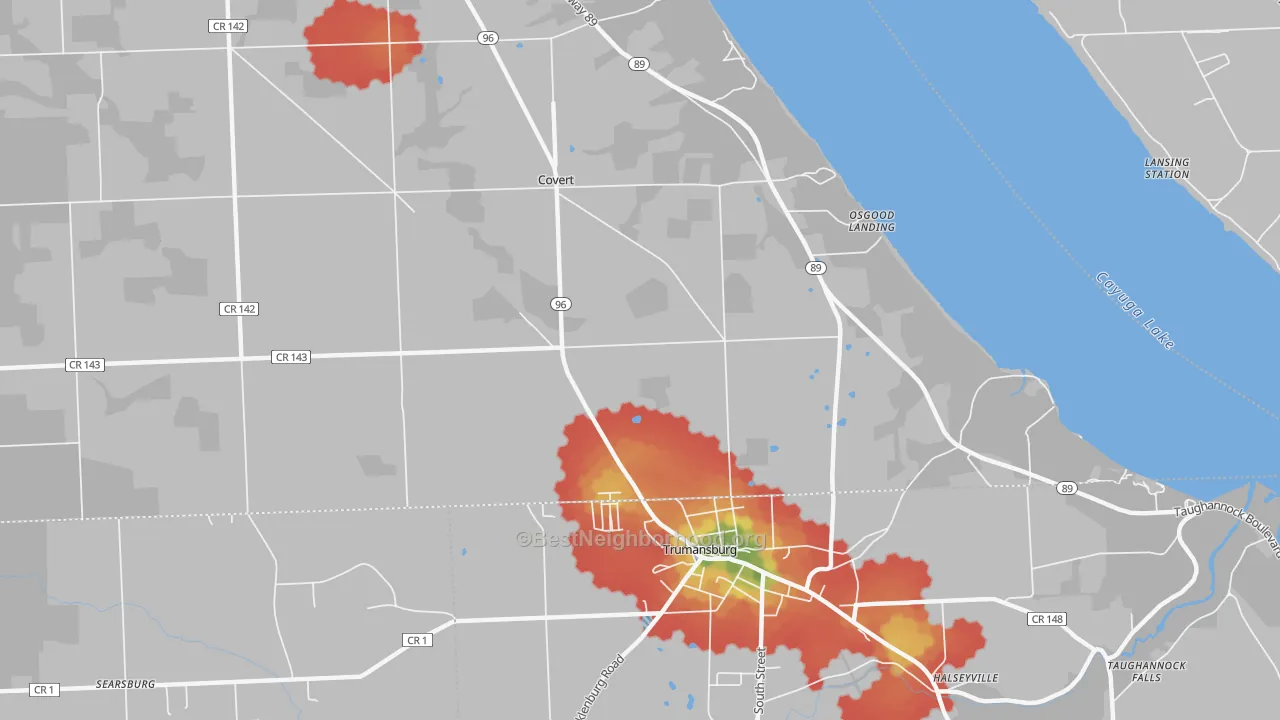 Walk Grade map of Covert, NY, walkable areas in green and car-dependent areas in red