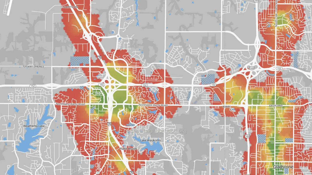 Walk Grade map of Coves North, Kansas City, MO, walkable areas in green and car-dependent areas in red