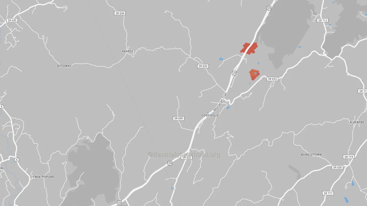 Walk Grade map of Covesville, VA, walkable areas in green and car-dependent areas in red