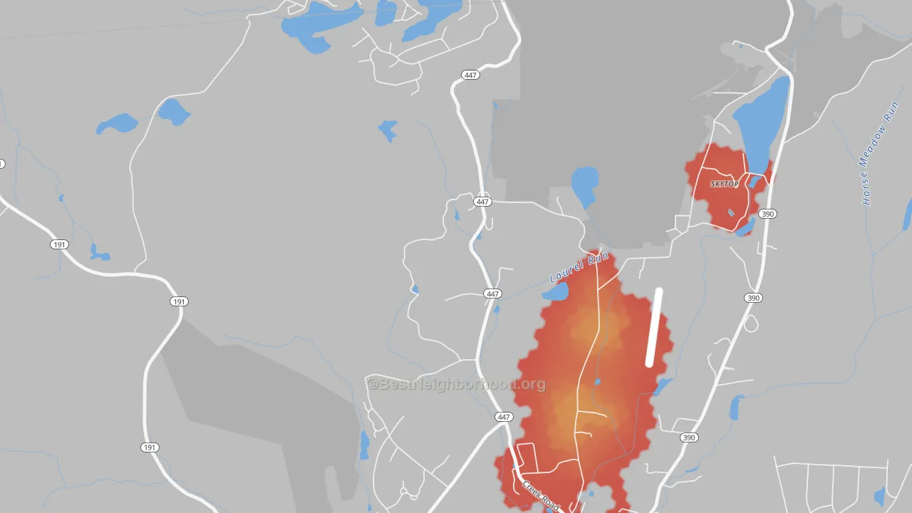 Walk Grade map of Coveville, PA, walkable areas in green and car-dependent areas in red