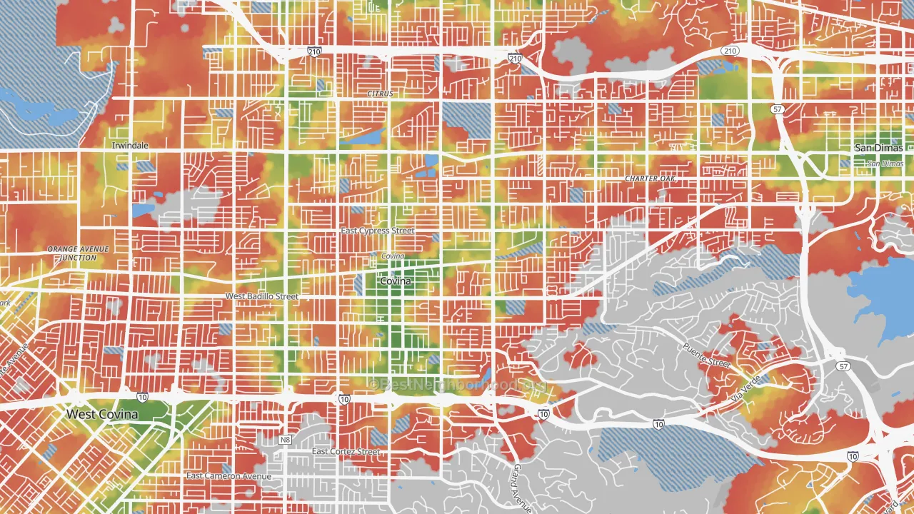 Walk Grade map of Covina, CA, walkable areas in green and car-dependent areas in red