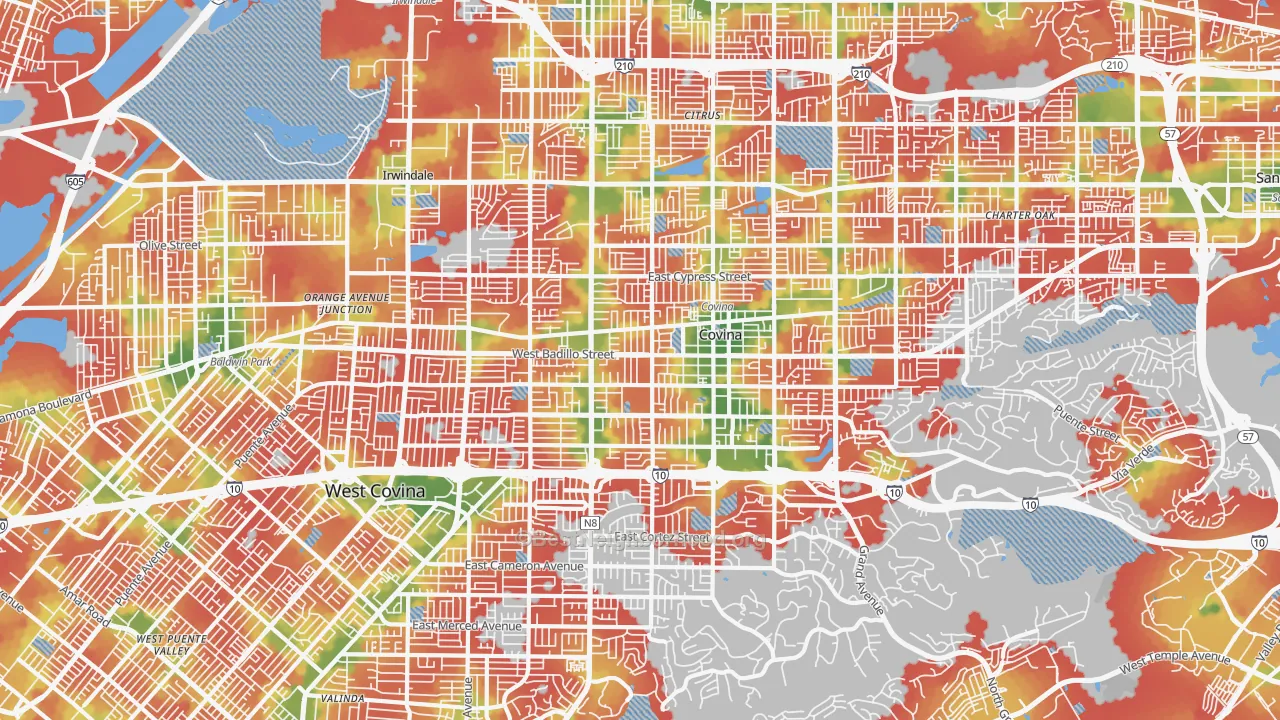 Walk Grade map of Covina-Valley, Covina, CA, walkable areas in green and car-dependent areas in red