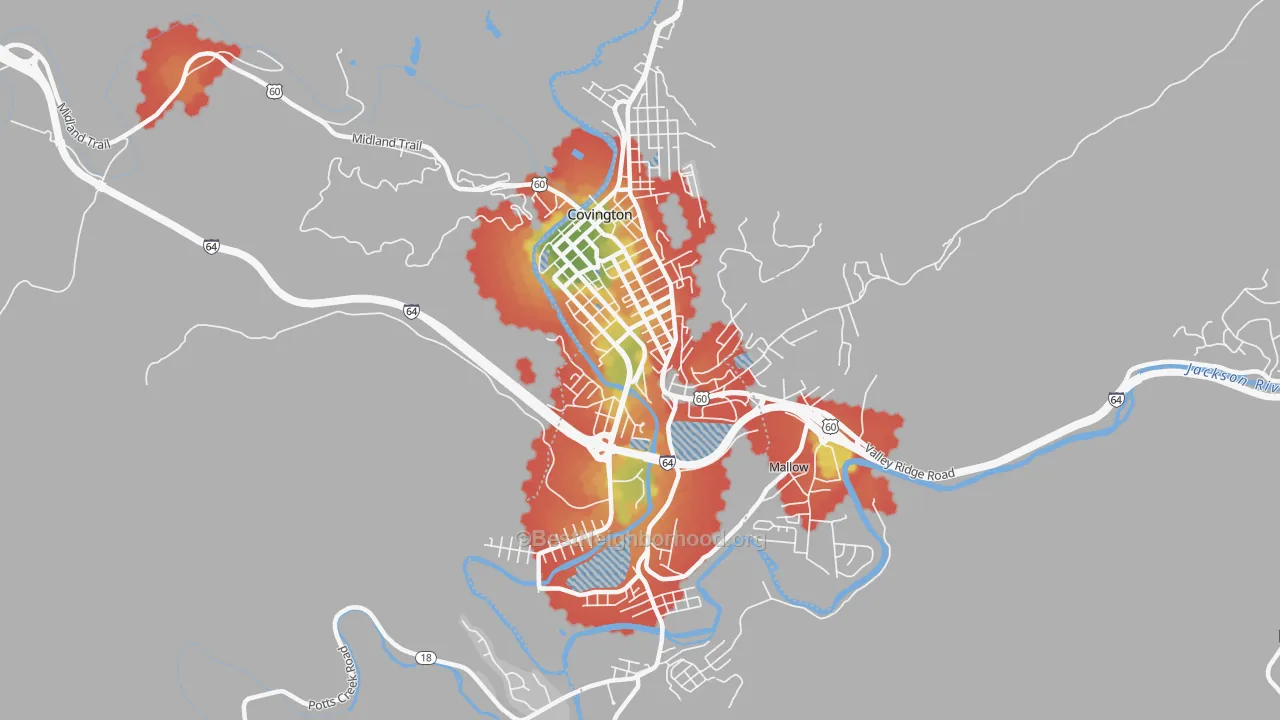 Walk Grade map of Covington City, VA, walkable areas in green and car-dependent areas in red
