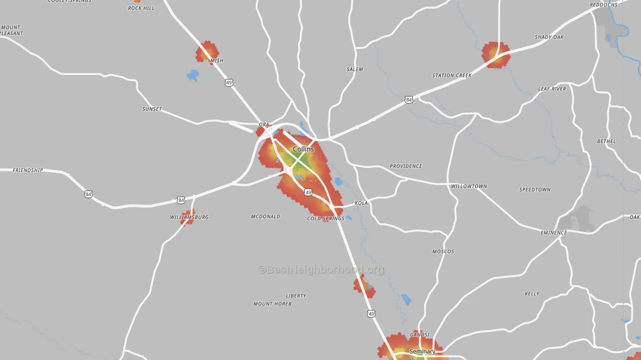 Walk Grade map of Covington County, MS, walkable areas in green and car-dependent areas in red