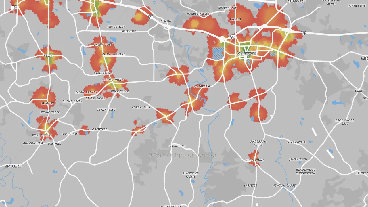 Walk Grade map of Covington, GA, walkable areas in green and car-dependent areas in red