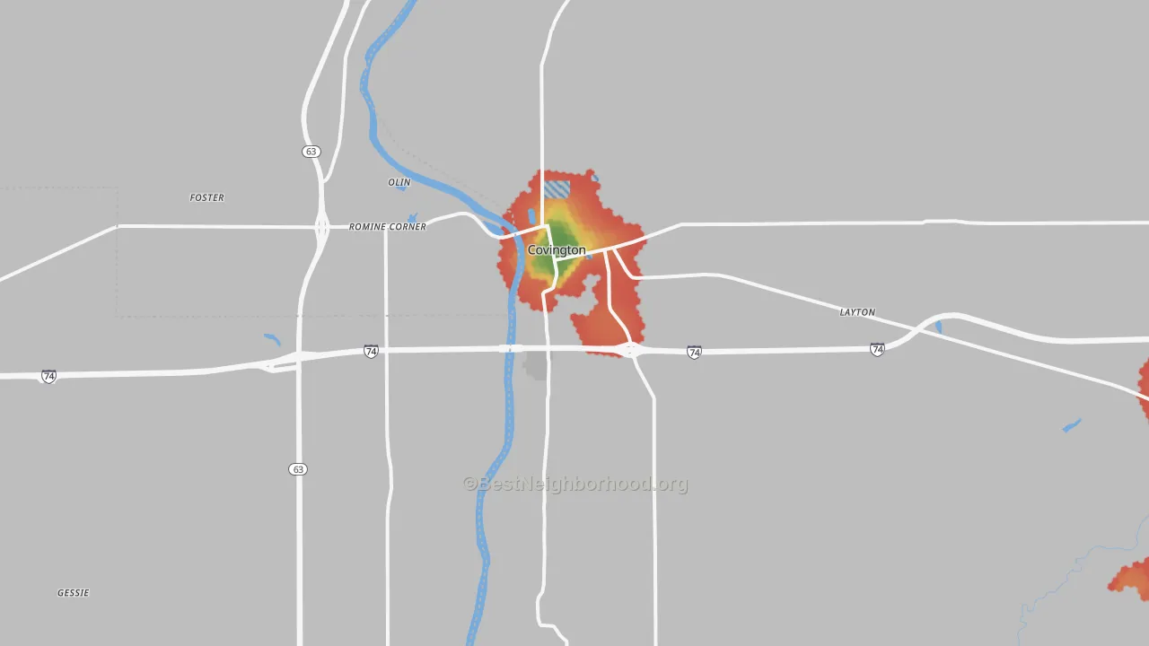 Walk Grade map of Covington, IN, walkable areas in green and car-dependent areas in red