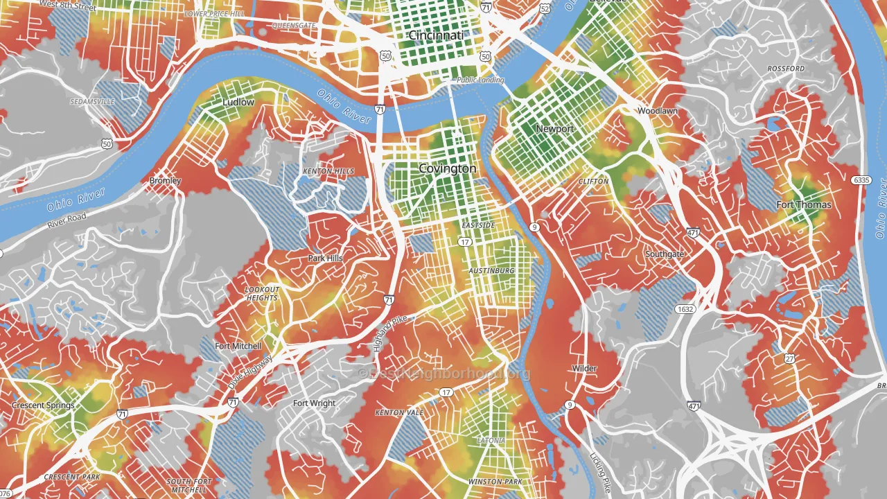 Walk Grade map of Covington, KY, walkable areas in green and car-dependent areas in red